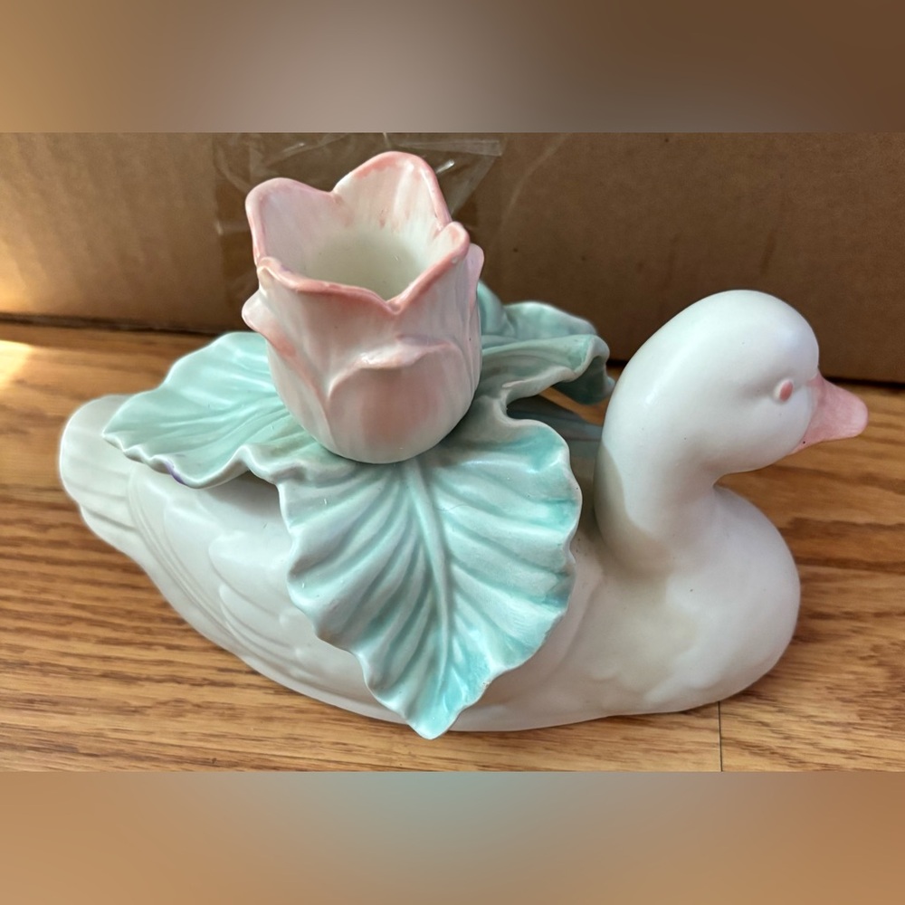 Vintage Satin Duck Candleholder Pastel Mint Green and Pink By Fitz and Floyd